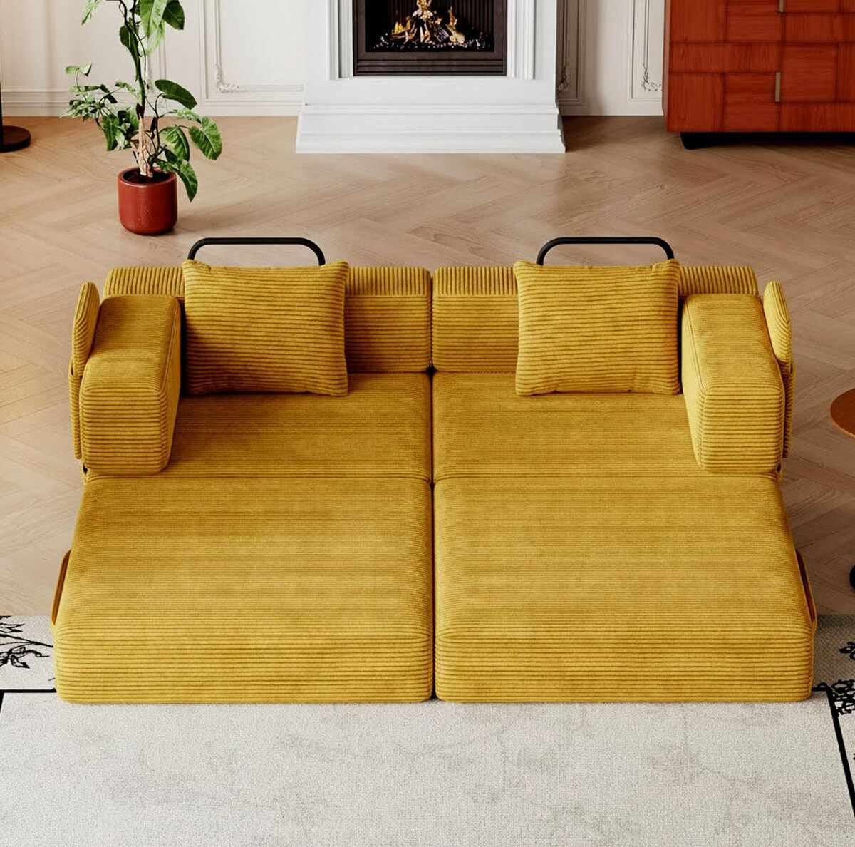 Senfgelbes 3-Sitzer Schlafsofa aus Polyester/Leinen mit Schaumstofffüllung, Eisenstützstreben und zwei Kissen, Frontalansicht auf hellem Hintergrund.