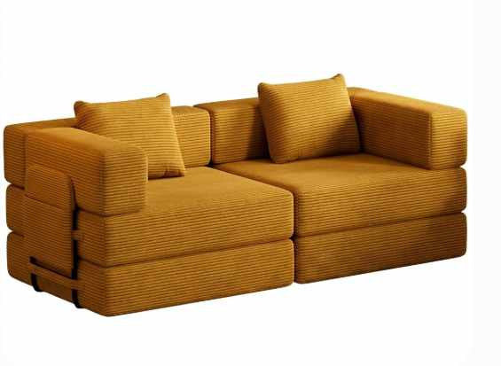 Senfgelbes 3-Sitzer Schlafsofa aus Polyester/Leinen mit Schaumstofffüllung, Eisenstützstreben und zwei Kissen, Frontalansicht auf hellem Hintergrund.