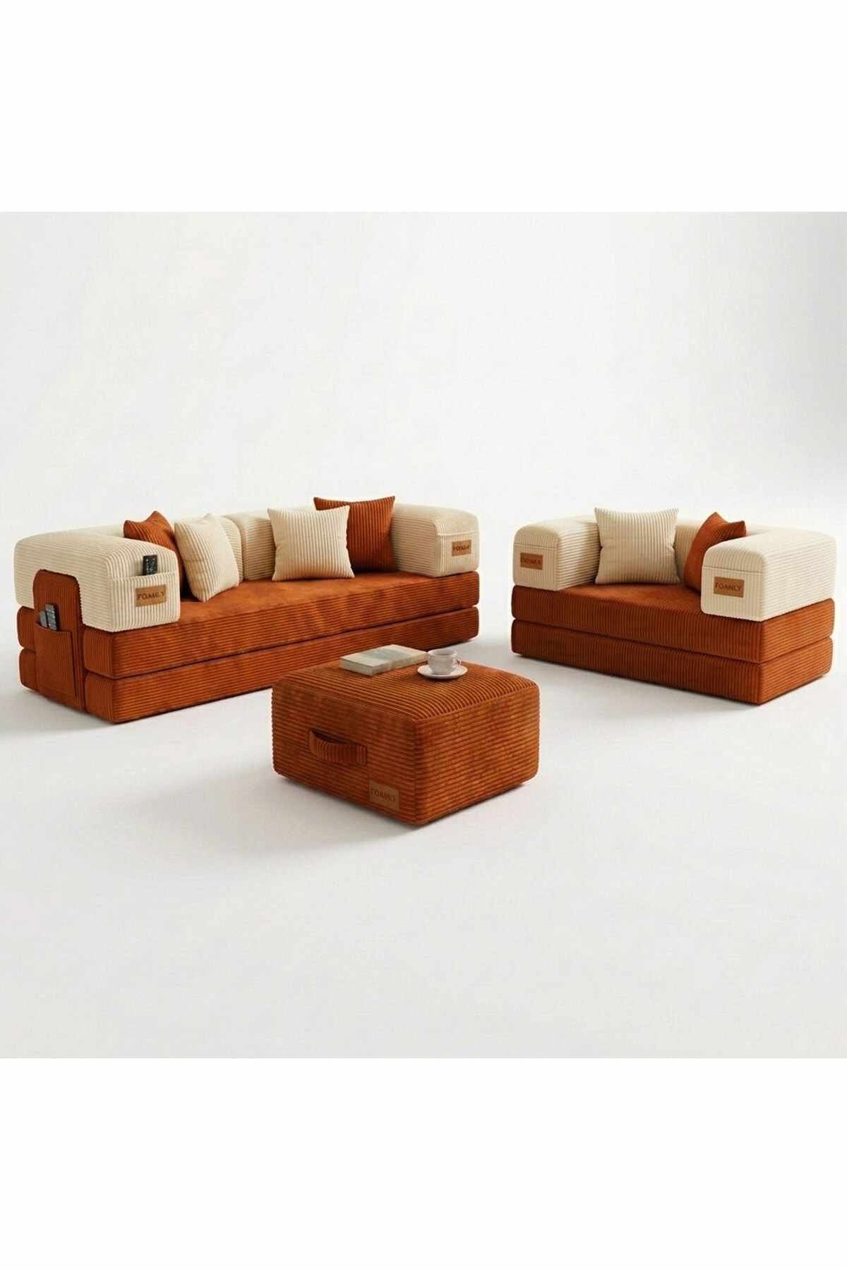 Zweiteiliges Sofa-Set mit Hocker in Ziegelrot und Creme, Bezug aus Polyester und Leinen, sechs Kissen, Eisen-Stützstreben sichtbar.