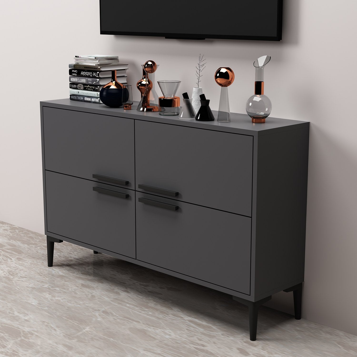 Gestalten Sie Ihr Wohnzimmer mit dem eleganten CTN Sideboard in Anthrazit von Hanah Home. Perfekt für stilvolle Organisation und modernes Design.
