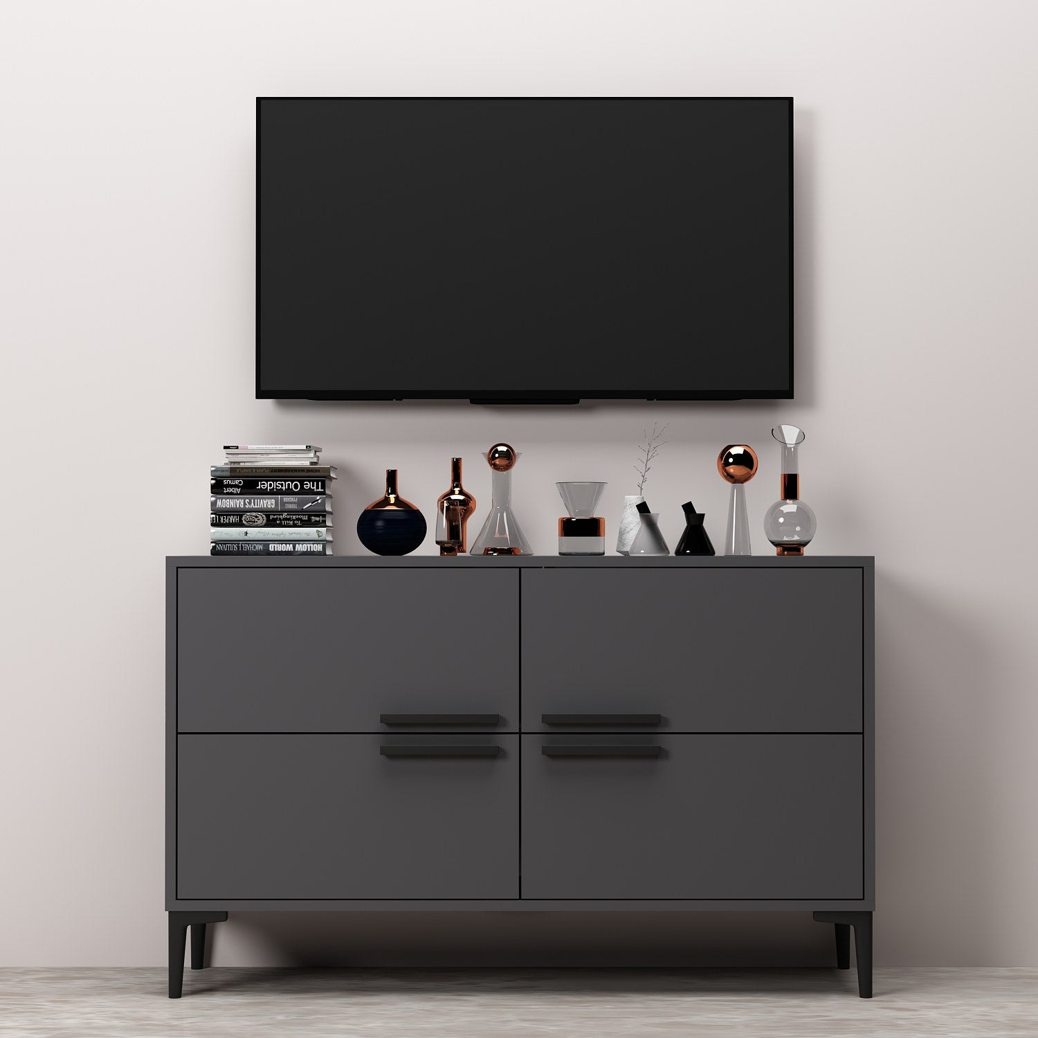 Verleihen Sie Ihrem Wohnraum mit dem CTN Sideboard in Anthrazit von Hanah Home einen Hauch von Eleganz und Funktionalität. Ideal für stilvolle Akzente.