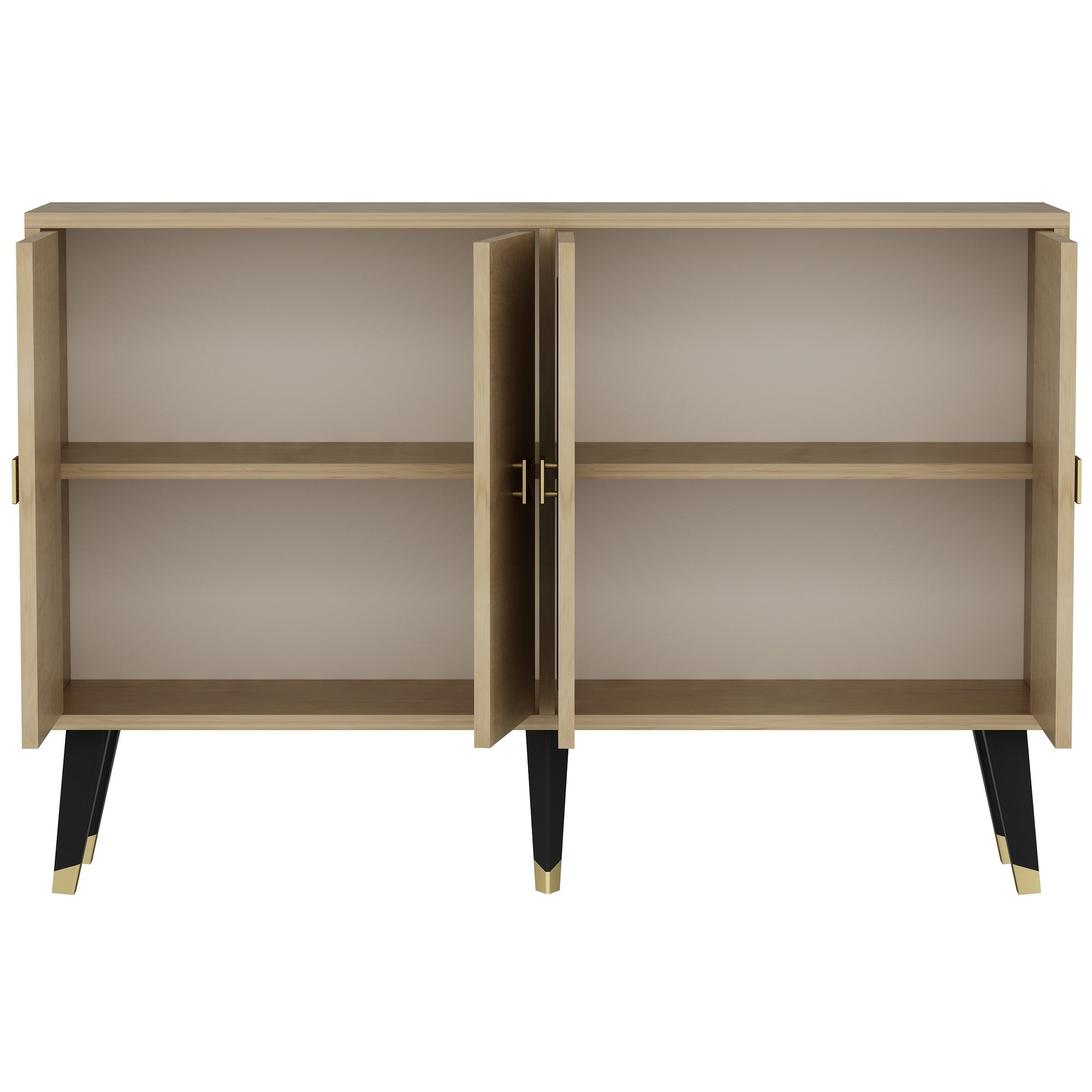 Verleihen Sie Ihrem Wohnraum mit dem Ahart High-Sideboard in Saphir-Eiche Gold von Hanah Home einen Hauch von Luxus und Eleganz. Ideal für stilvolle Akzente!