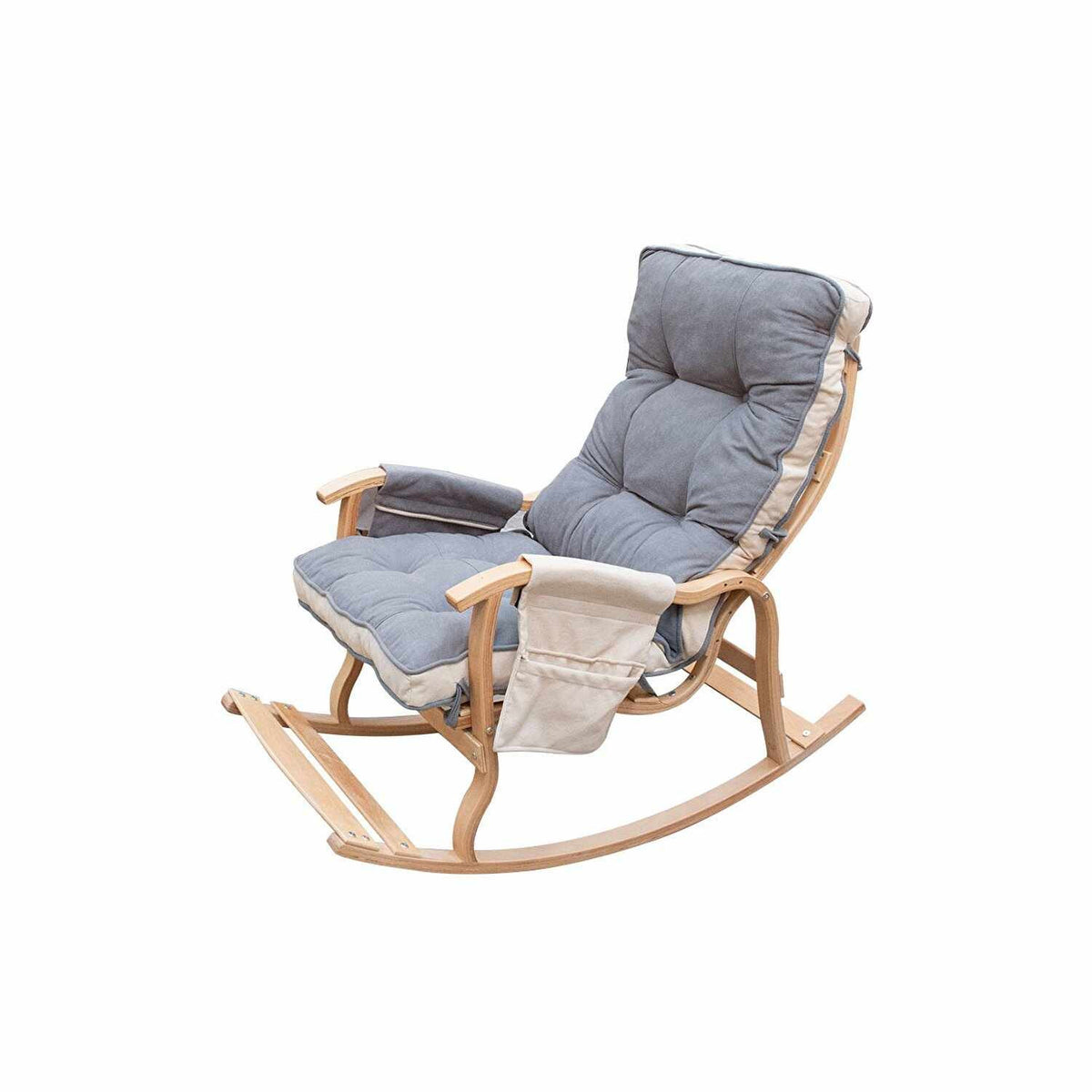Schaukelstuhl Mosso in Grau/Creme von Hanah Home mit Gestell aus Hainbuchen-Sperrholz und gepolstertem Sitz aus Polyester-Stoff.