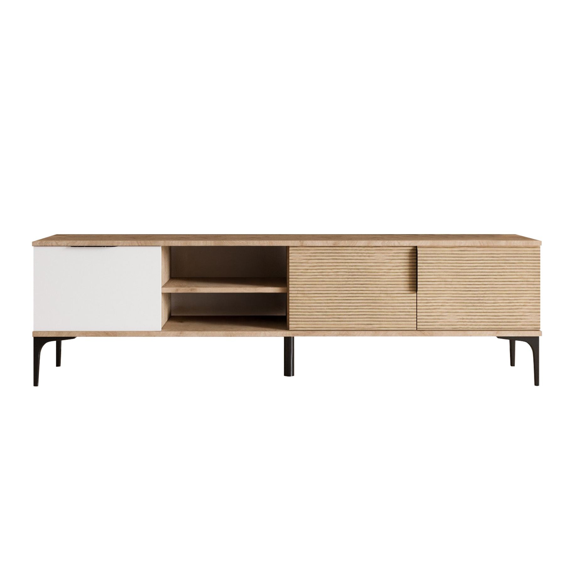 Gestalten Sie Ihr Wohnzimmer mit dem eleganten Tarz Sideboard von Hanah Home in Weiß und Eiche. Funktionalität trifft auf modernes Design.