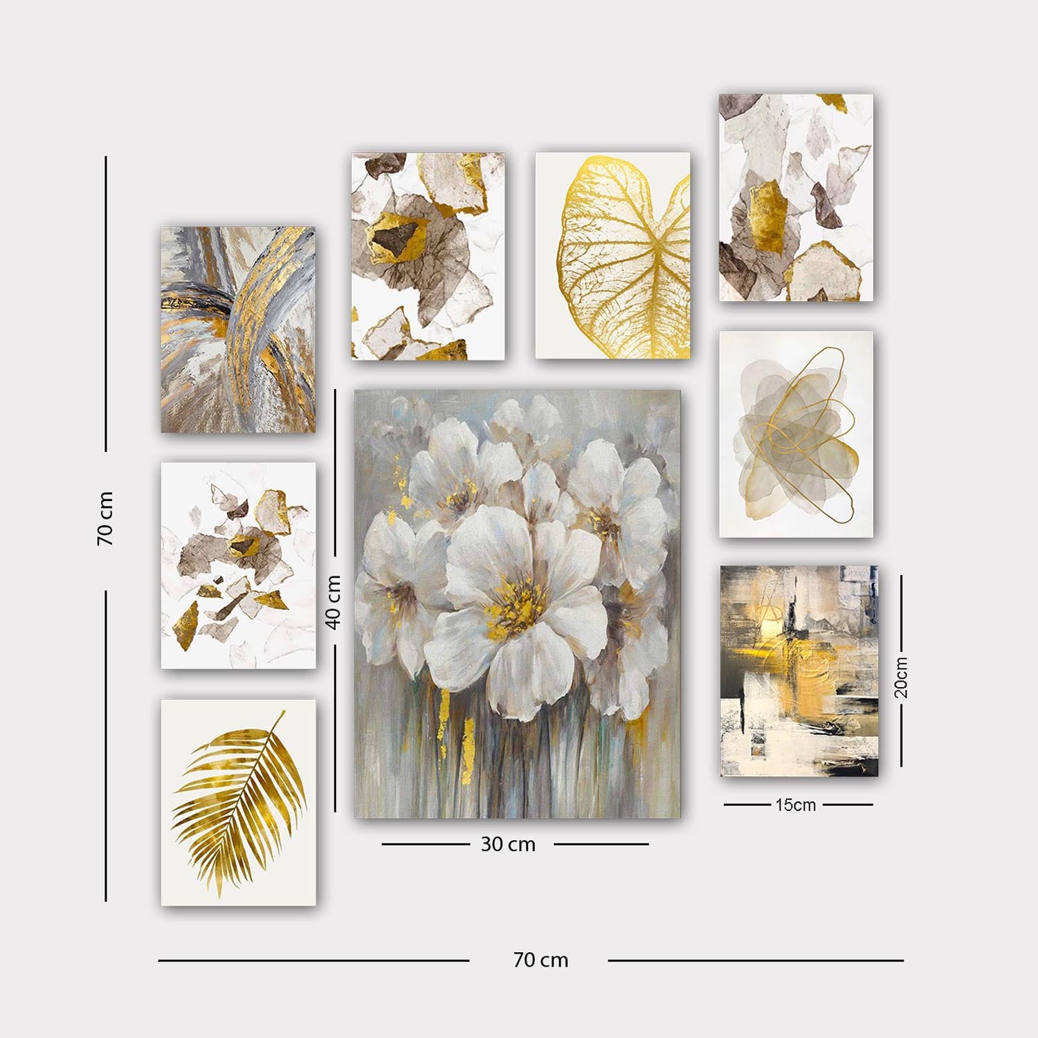 Verwandeln Sie Ihr Zuhause mit dem 9-teiligen, mehrfarbigen MDF-Gemälde-Set von Wallity. Jedes Kunstwerk bringt Eleganz und geheimnisvolle Schönheit in jeden Raum.