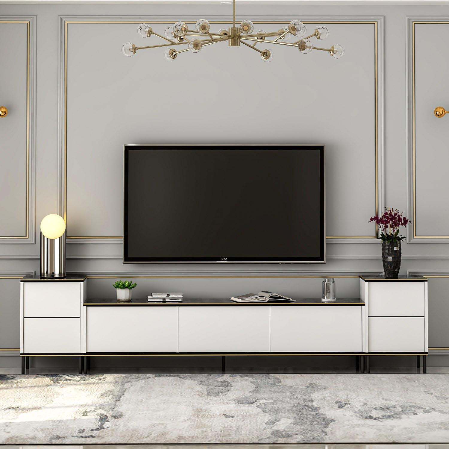 Elegantes Imaj TV-Möbel in Weiß, Schwarz und Gold von Hanah Home. Stilvolles Design und viel Stauraum für Ihr Wohnzimmer.