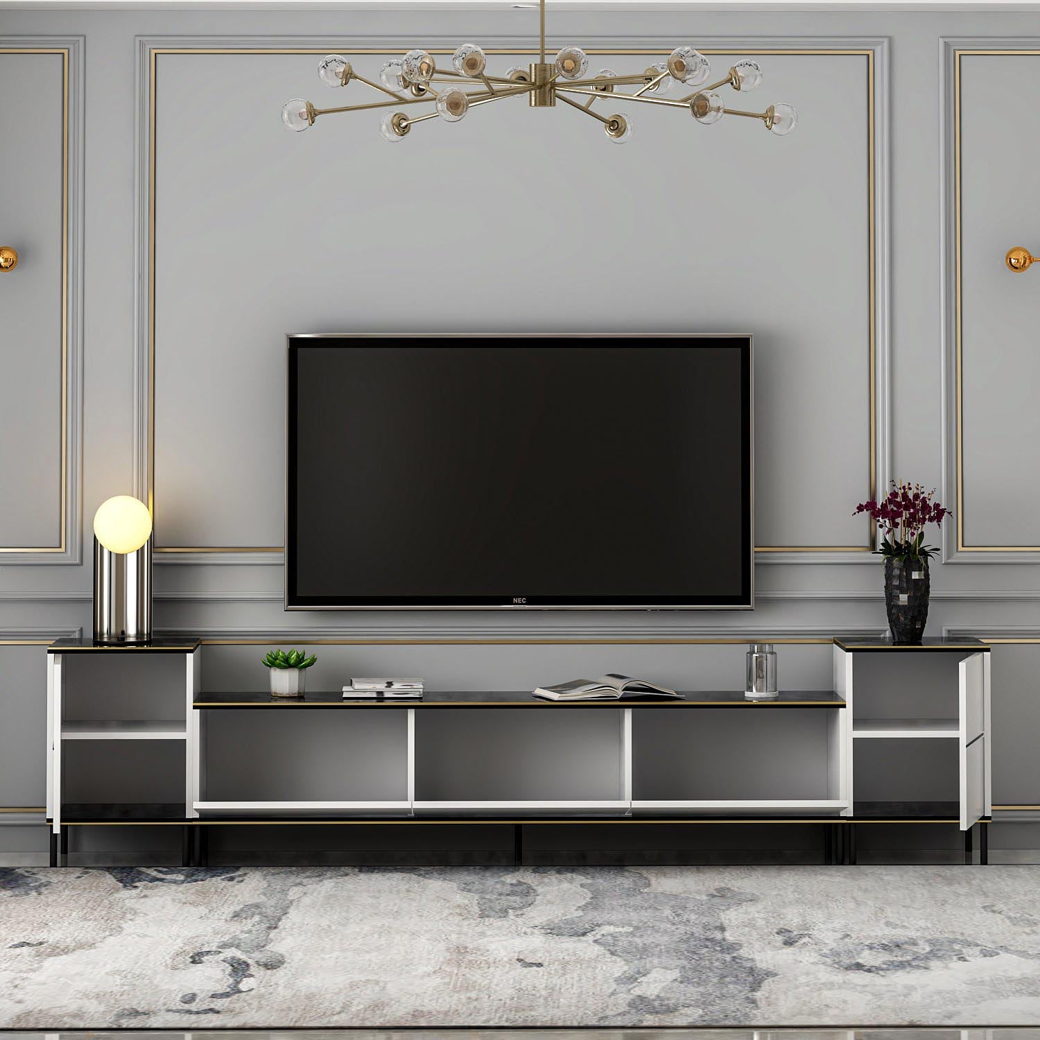 Elegantes Imaj TV-Möbel von Hanah Home in Weiß, Schwarz und Gold. Ideal für stilvolle Wohnzimmer mit viel Stauraum und modernem Design.