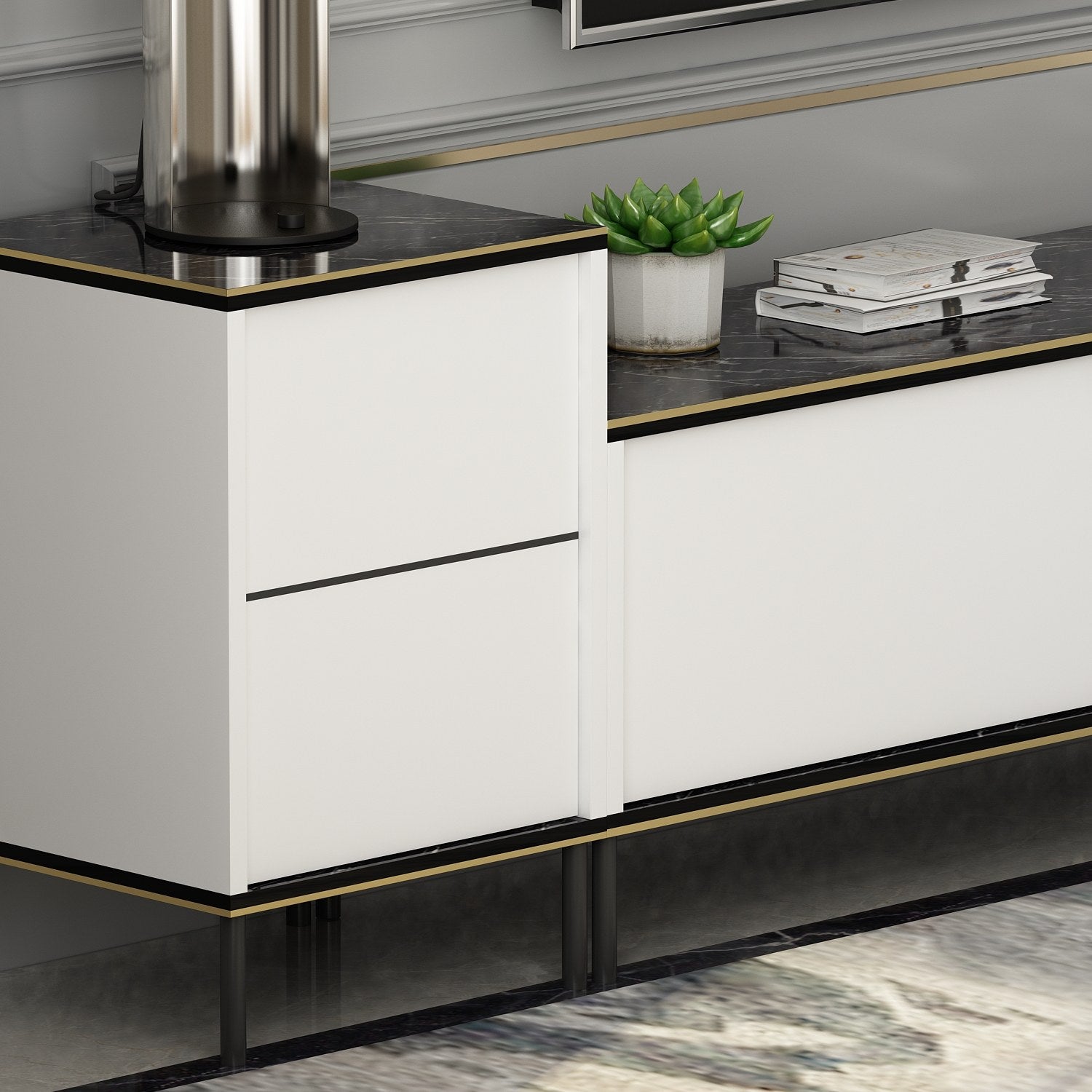 Stilvolles Imaj TV-Möbel von Hanah Home in edlem Weiß, Schwarz und Gold. Perfekte Kombination aus Eleganz und Funktionalität für Ihr Wohnzimmer.