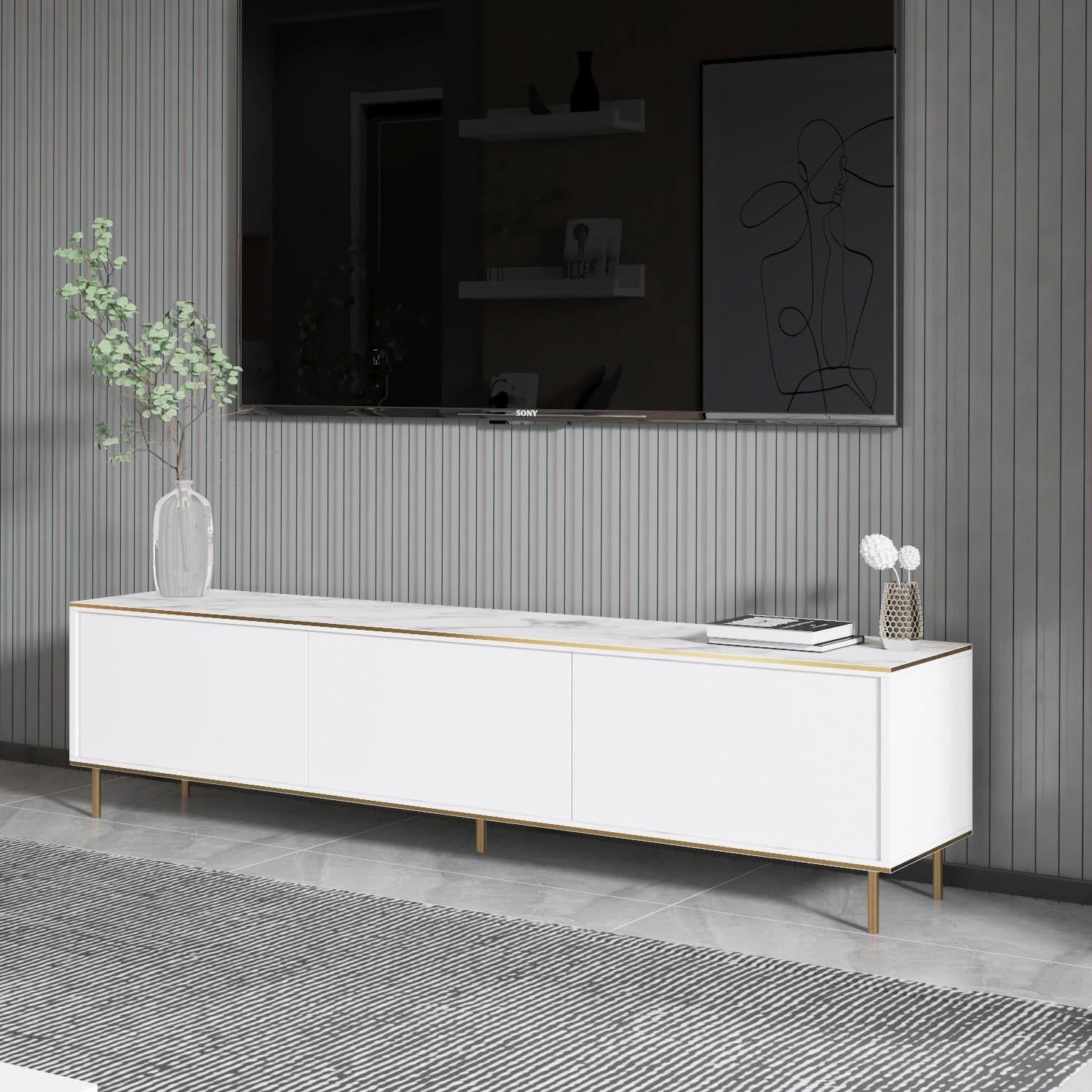 Entdecken Sie das Imaj Sideboard von Hanah Home: Ein luxuriöses Möbelstück aus weißem Marmor mit goldenen Details, das Eleganz und Funktionalität vereint.