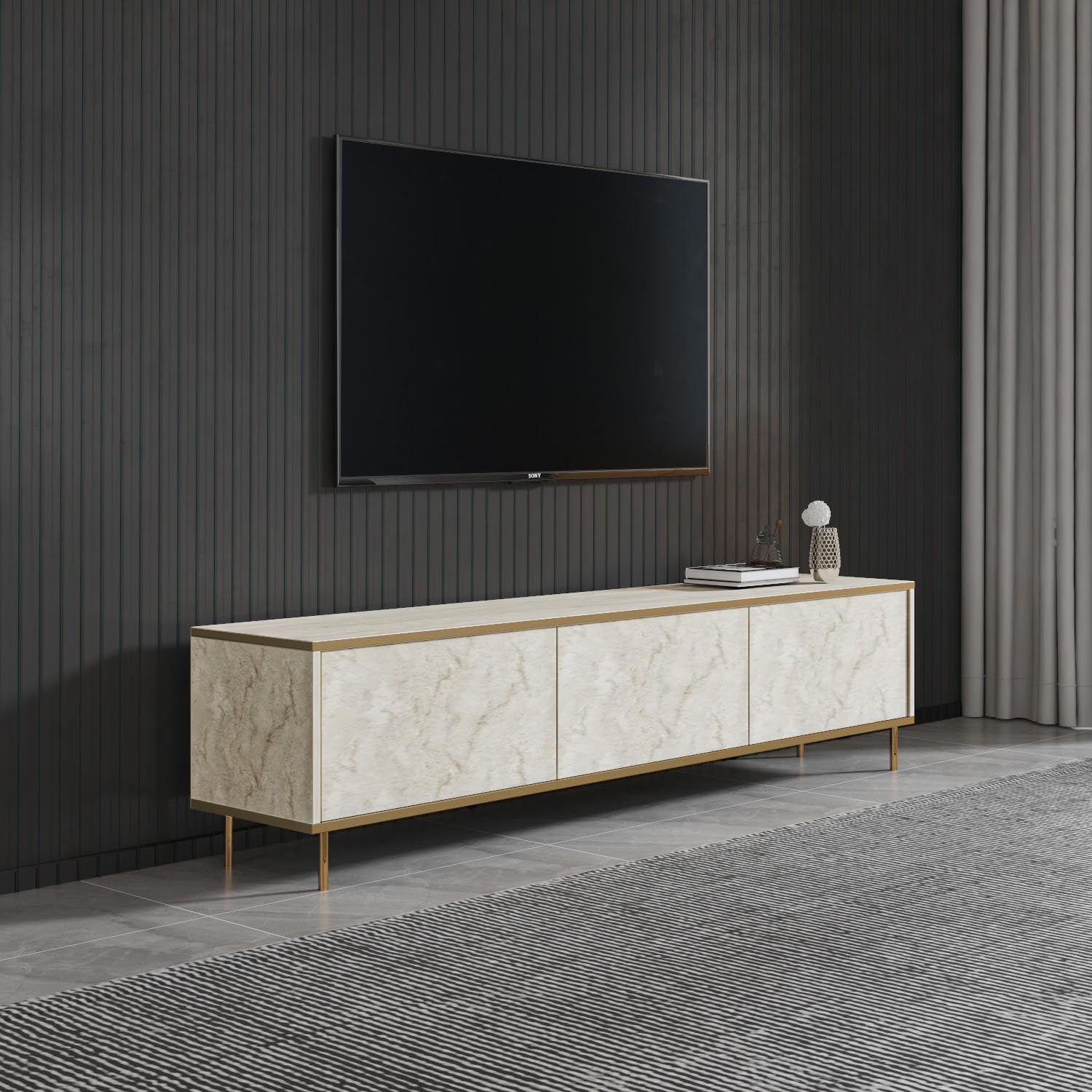 Erleben Sie das Imaj Sideboard in edlem Travertin Gold von Hanah Home – eine perfekte Kombination aus Eleganz und cleverem Stauraum für Ihr Zuhause.