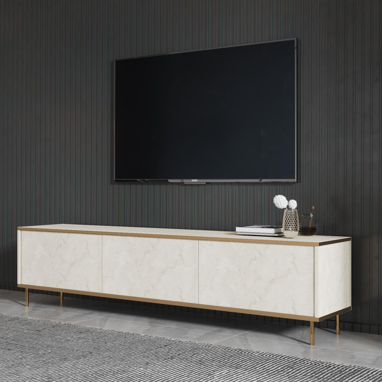 Entdecken Sie das Imaj Sideboard in luxuriösem Travertin Gold von Hanah Home – stilvolles Design trifft auf praktischen Stauraum für Ihr Wohnzimmer.
