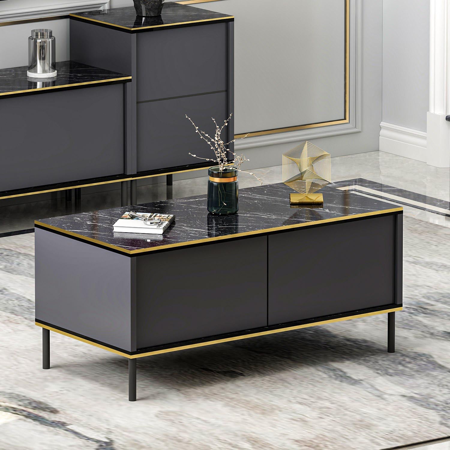 Verleihen Sie Ihrem Wohnzimmer mit dem Imaj - Anthracite TV-Möbel von Hanah Home einen modernen Touch. Funktionalität trifft auf elegantes Design!