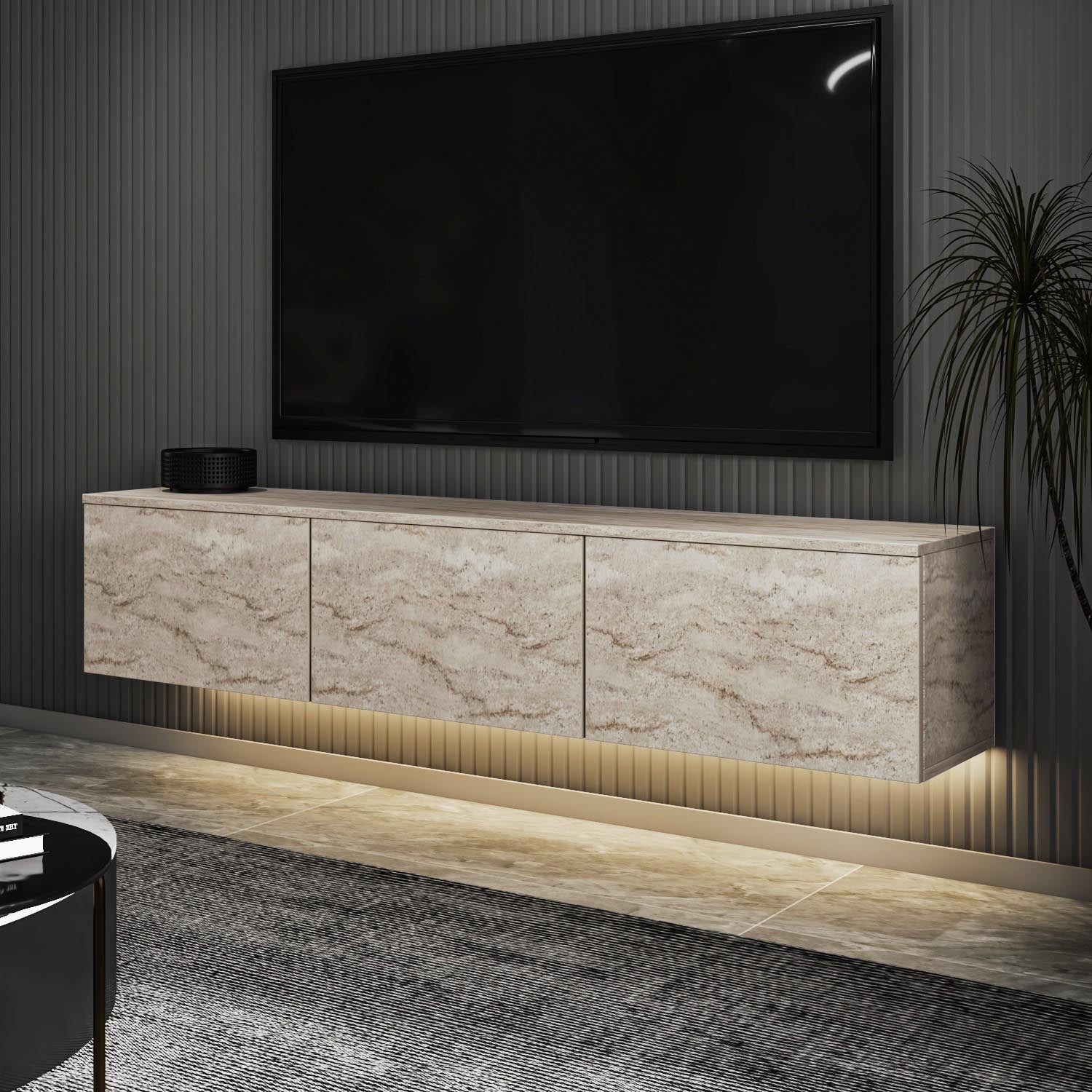 Verleihen Sie Ihrem Wohnzimmer mit dem Neon Illuminated Sideboard in Travertin von Hanah Home einen modernen Akzent. Eleganz und Funktionalität vereint!