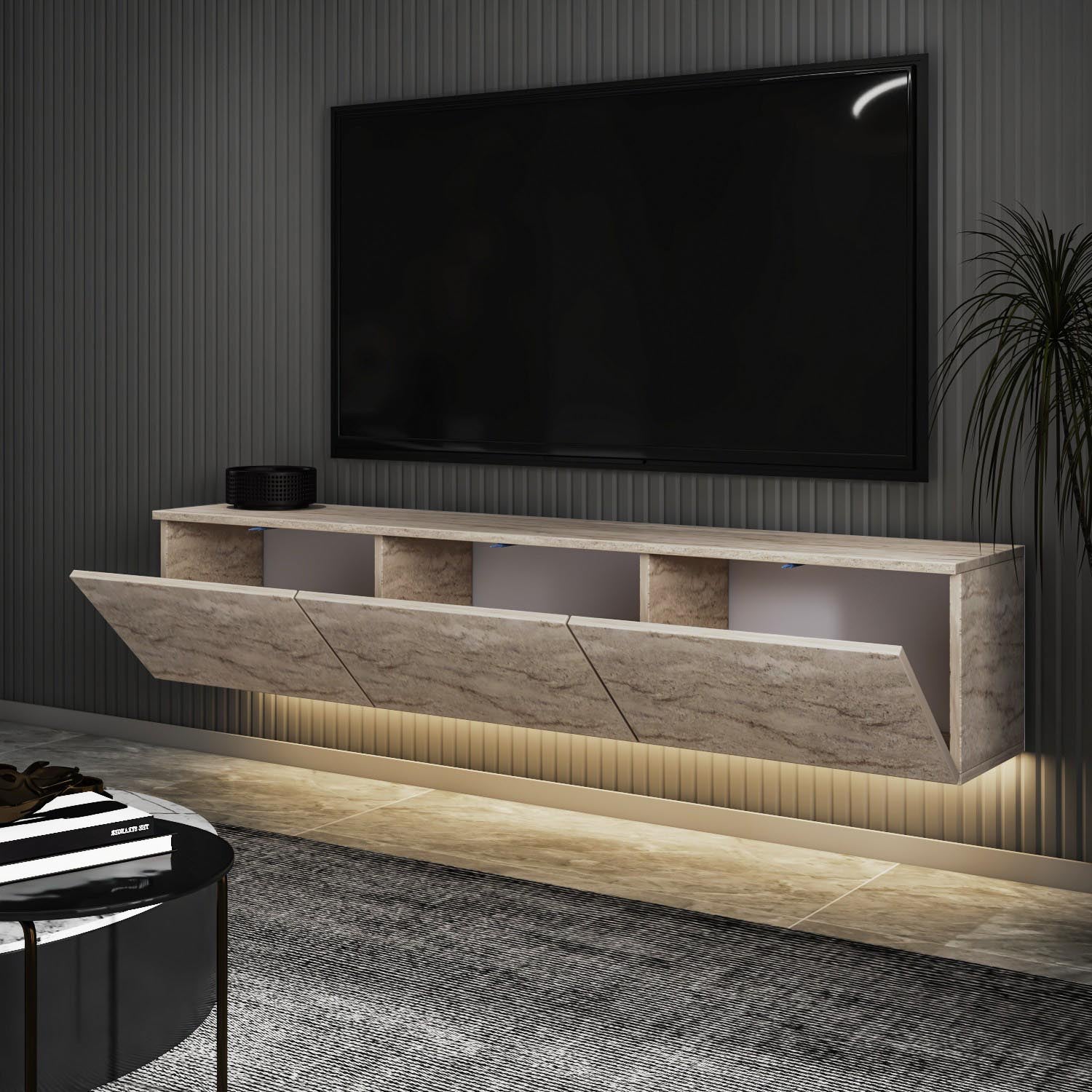 Verleihen Sie Ihrem Wohnzimmer mit dem Neon Illuminated Sideboard in Travertin von Hanah Home einen modernen Akzent. Stil und Funktionalität in perfekter Harmonie!