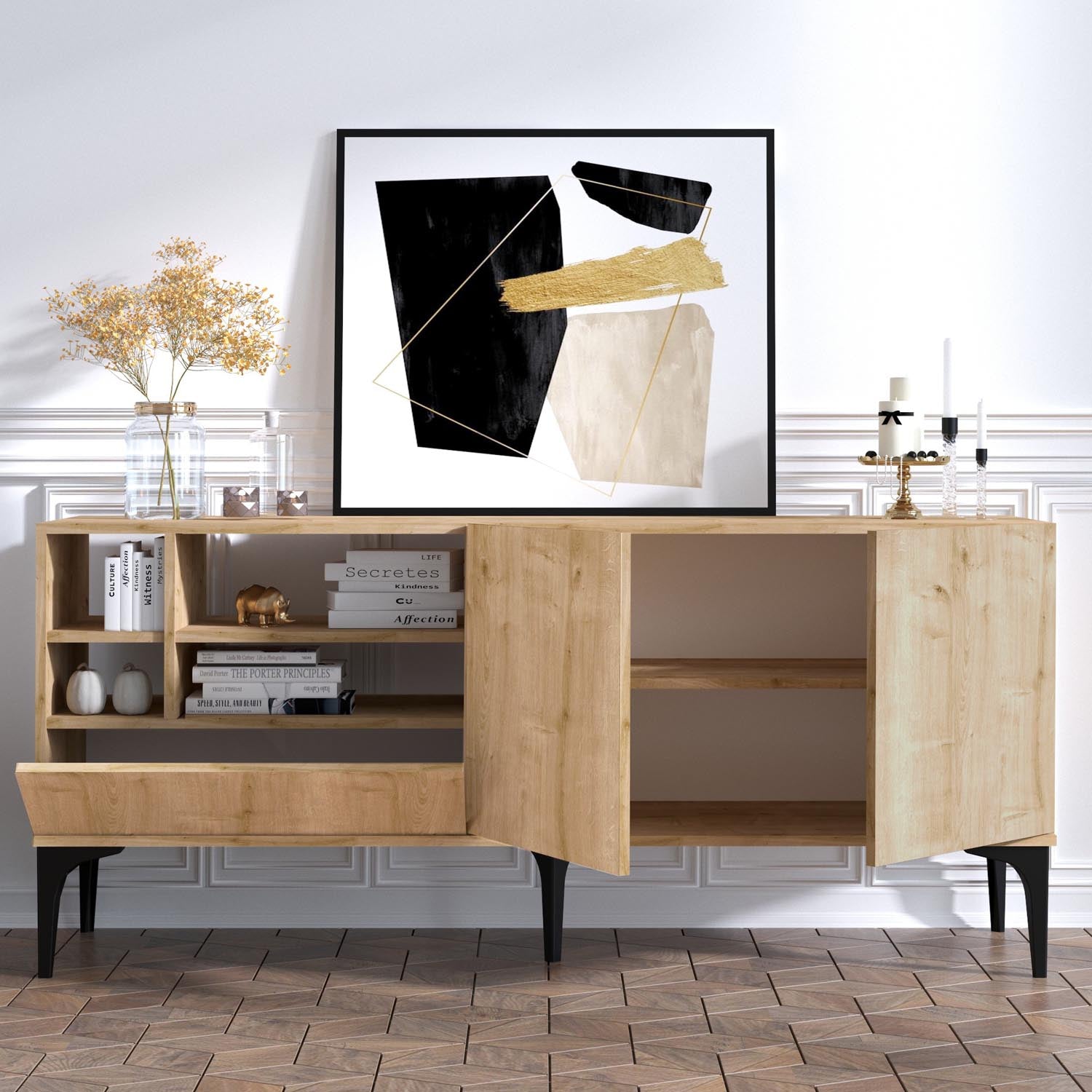 Erleben Sie das Orela Sideboard von Hanah Home – ein elegantes Möbelstück aus Eiche, das Stil und Funktionalität in Ihr Zuhause bringt!
