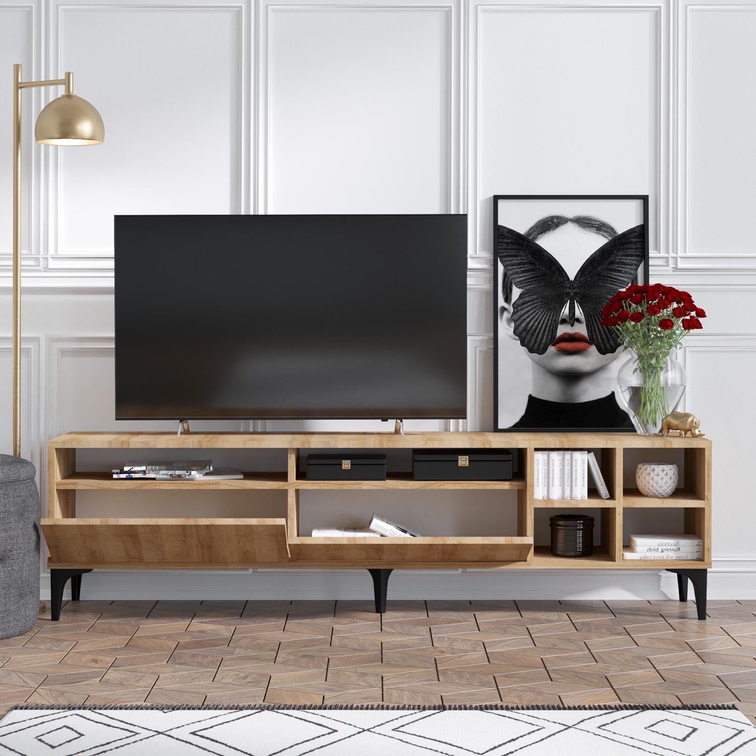 Verleihen Sie Ihrem Wohnbereich mit dem eleganten Eva TV-Ständer von Hanah Home einen Hauch von Stil und Funktionalität – ideal für jedes Zuhause!