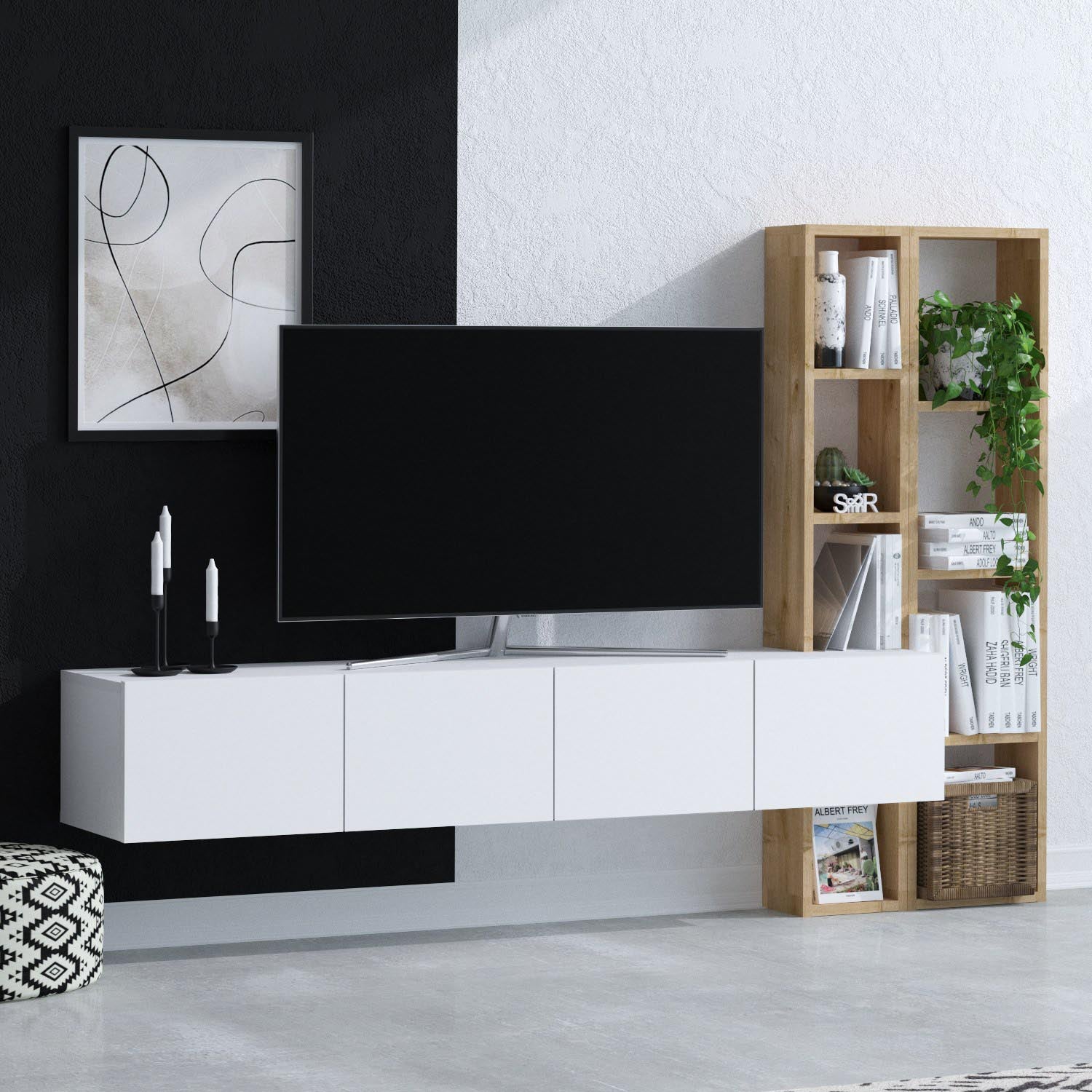 Verleihen Sie Ihrem Wohnzimmer mit dem Pana TV-Möbel von Hanah Home in Weiß-Eiche einen modernen Look. Funktionalität trifft auf zeitloses Design!