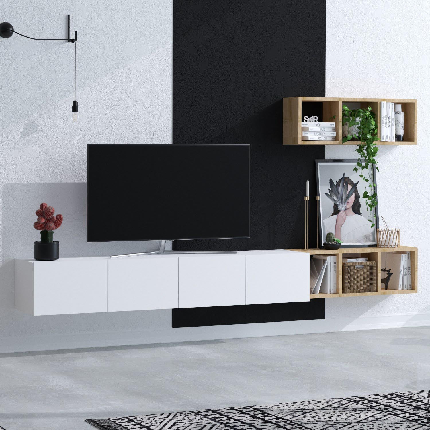 Verleihen Sie Ihrem Wohnzimmer mit dem Pıa TV-Möbel von Hanah Home in Weiß-Eiche einen modernen Akzent. Funktionalität trifft auf elegantes Design!