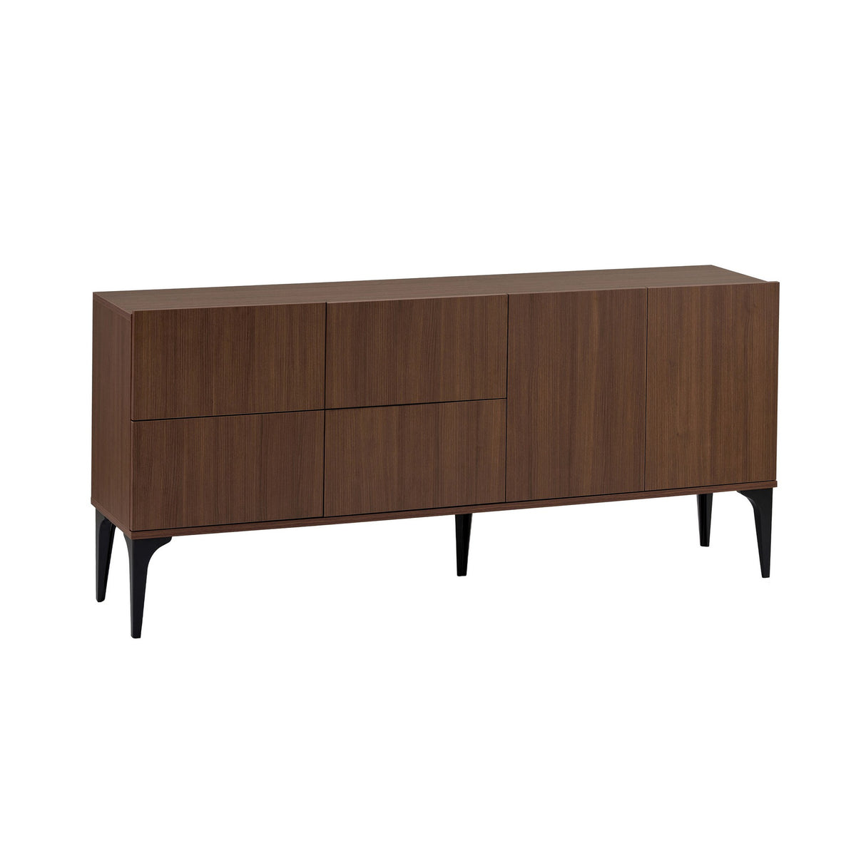 Konsolentisch Aethel in Nil-Nussbaum-Optik mit schlanken Kunststoffbeinen, genuteter MDF-Rückwand und Wandhalterung, Frontalansicht.