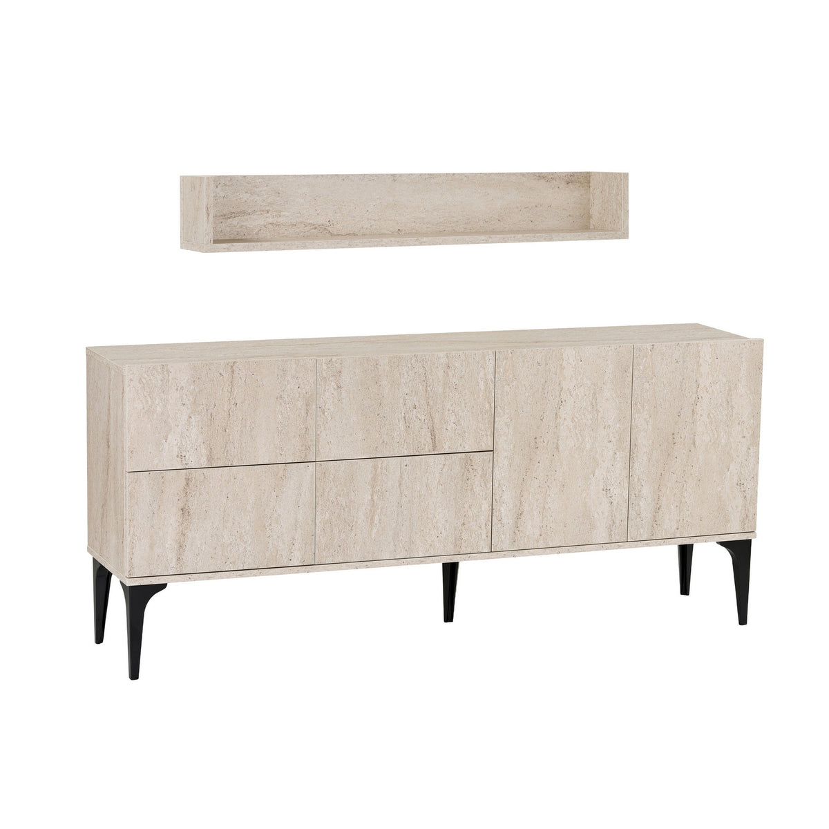 Konsolentisch in Travertinfarbe mit melaminbeschichtetem Korpus, genuteter MDF-Rückwand, Kunststoffbeinen und zugehörigem offenem Wandregal von Hanah Home.