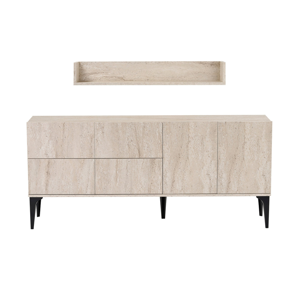 Konsolentisch in Travertinfarbe mit melaminbeschichtetem Korpus, genuteter MDF-Rückwand, Kunststoffbeinen und zugehörigem offenem Wandregal von Hanah Home.