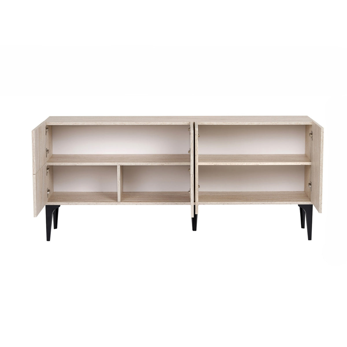 Konsolentisch in Travertinfarbe mit melaminbeschichtetem Korpus, genuteter MDF-Rückwand, Kunststoffbeinen und zugehörigem offenem Wandregal von Hanah Home.