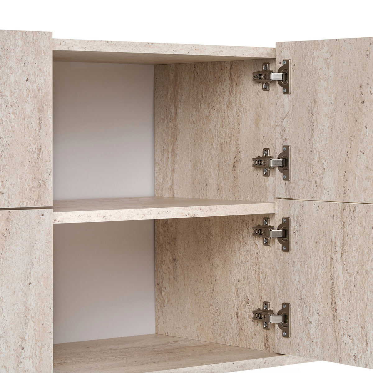 Konsolentisch in Travertinfarbe mit melaminbeschichtetem Korpus, genuteter MDF-Rückwand, Kunststoffbeinen und zugehörigem offenem Wandregal von Hanah Home.