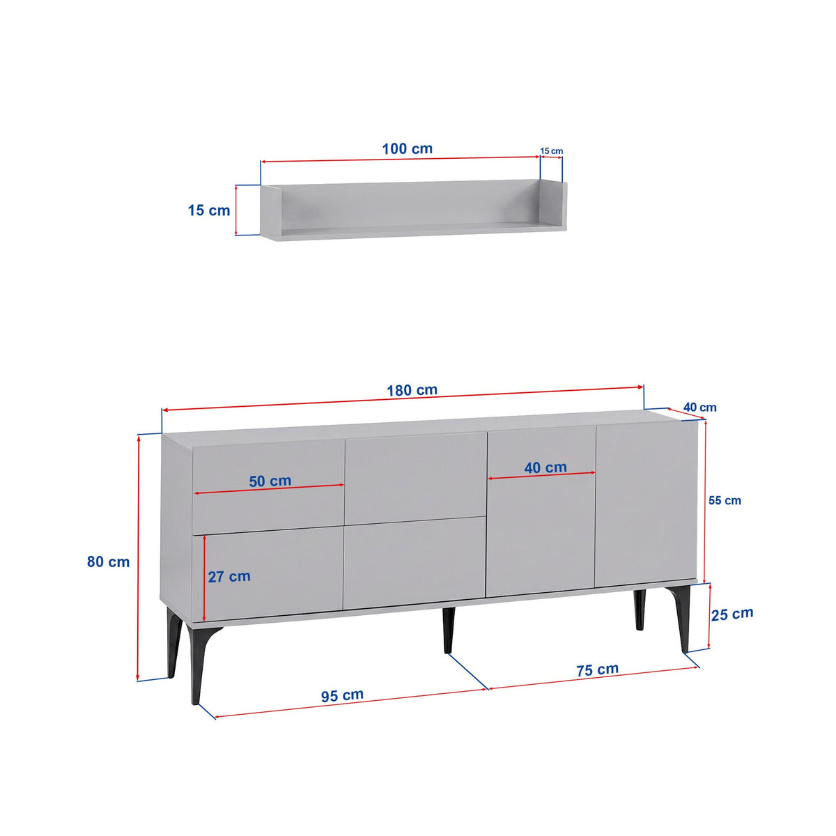 Konsolentisch in Travertinfarbe mit melaminbeschichtetem Korpus, genuteter MDF-Rückwand, Kunststoffbeinen und zugehörigem offenem Wandregal von Hanah Home.