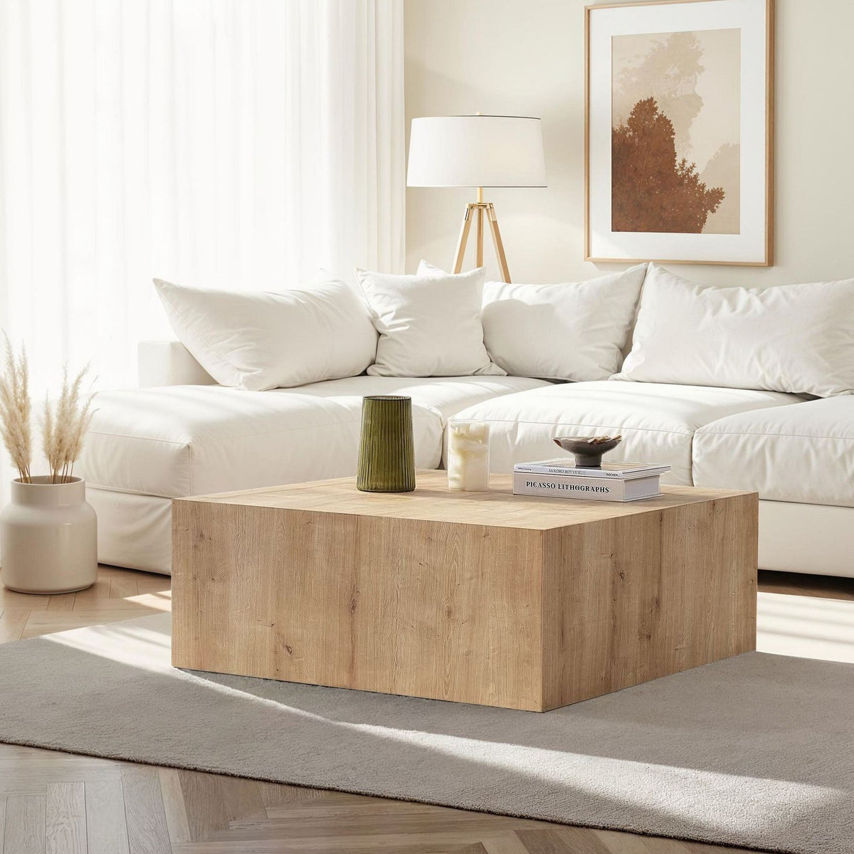 Quadratischer Couchtisch aus MDF in Saphir-Eiche-Optik mit klaren Linien und schlichtem Gestell, Höhe 35 cm, Breite und Tiefe je 90 cm.