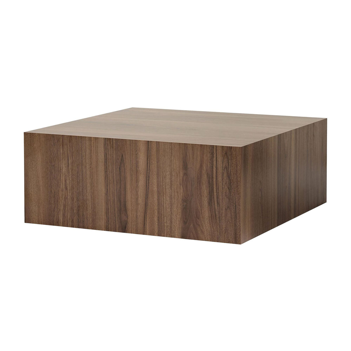 Couchtisch Prizma in Venezia Nussbaum von Nordure, quadratische Tischplatte aus MDF mit unterem Ablagefach, Frontalansicht.