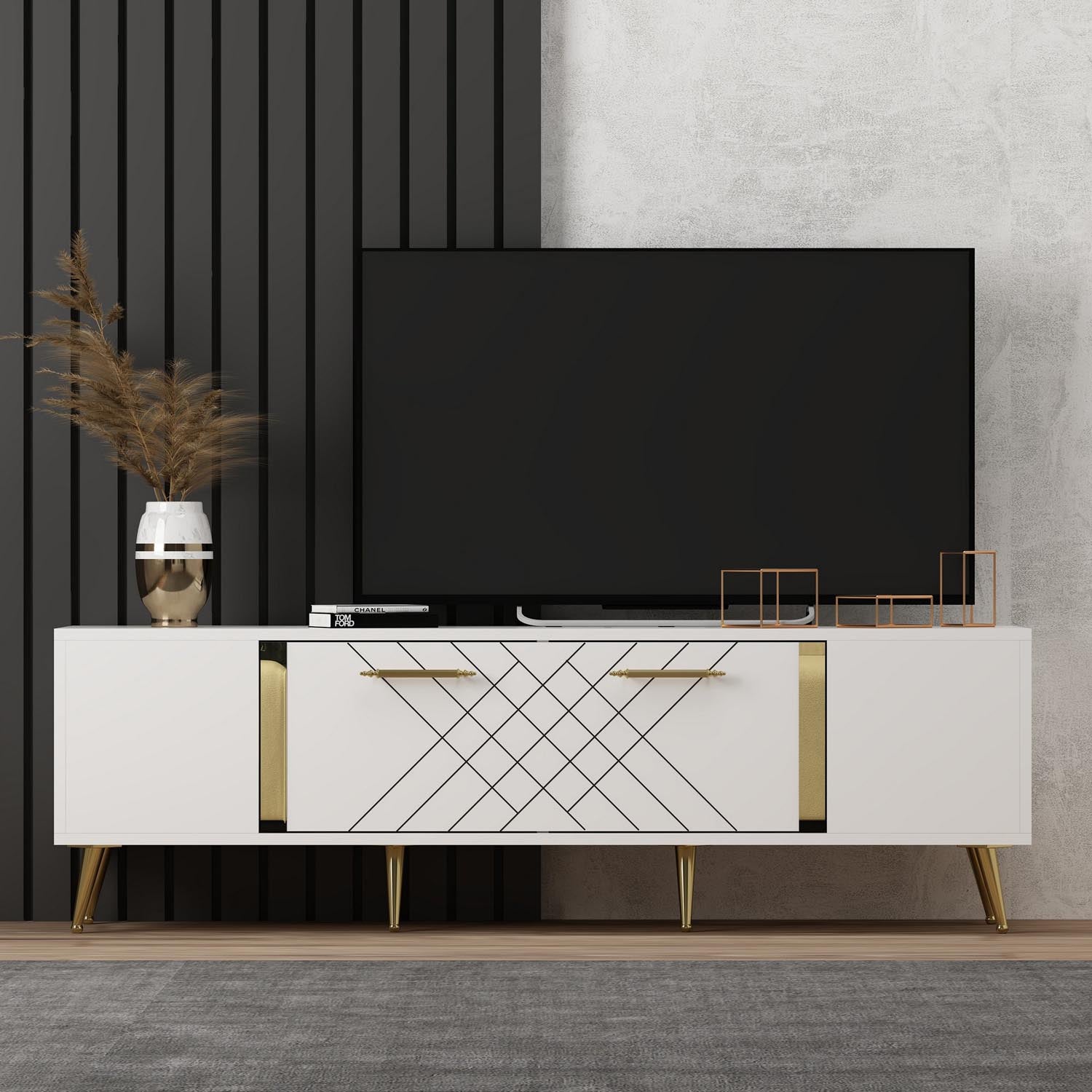 Entdecken Sie das elegante Detas Sideboard in Weiß und Gold von Hanah Home. Stilvolles Design trifft auf Funktionalität und bietet großzügigen Stauraum für Ihr Zuhause.