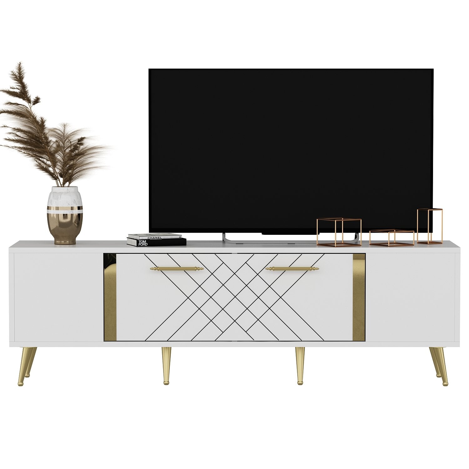 Verleihen Sie Ihrem Wohnraum mit dem Detas Sideboard von Hanah Home in Weiß und Gold einen Hauch von Luxus. Modernes Design und praktischer Stauraum vereinen sich perfekt.