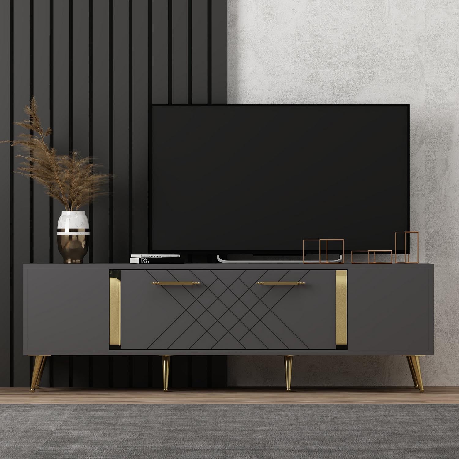 Entdecken Sie das Detas Sideboard in Anthrazit und Gold von Hanah Home – stilvoll, modern und ideal für Ihr Wohnzimmer. Perfekte Kombination aus Eleganz und Funktionalität.