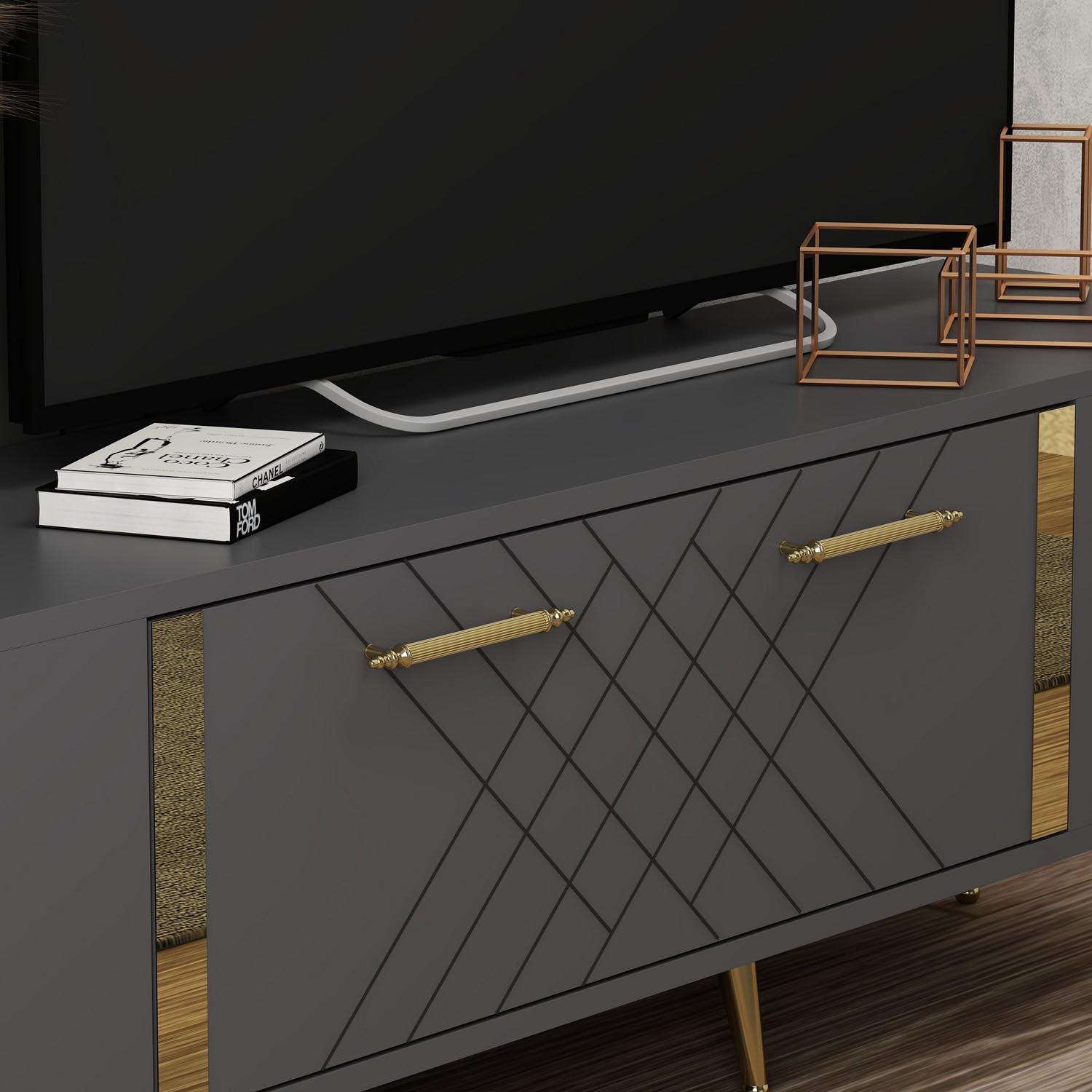 Entdecken Sie das Detas Sideboard von Hanah Home in elegantem Anthrazit und Gold. Modernes Design und großzügiger Stauraum für Ihr Wohnzimmer.