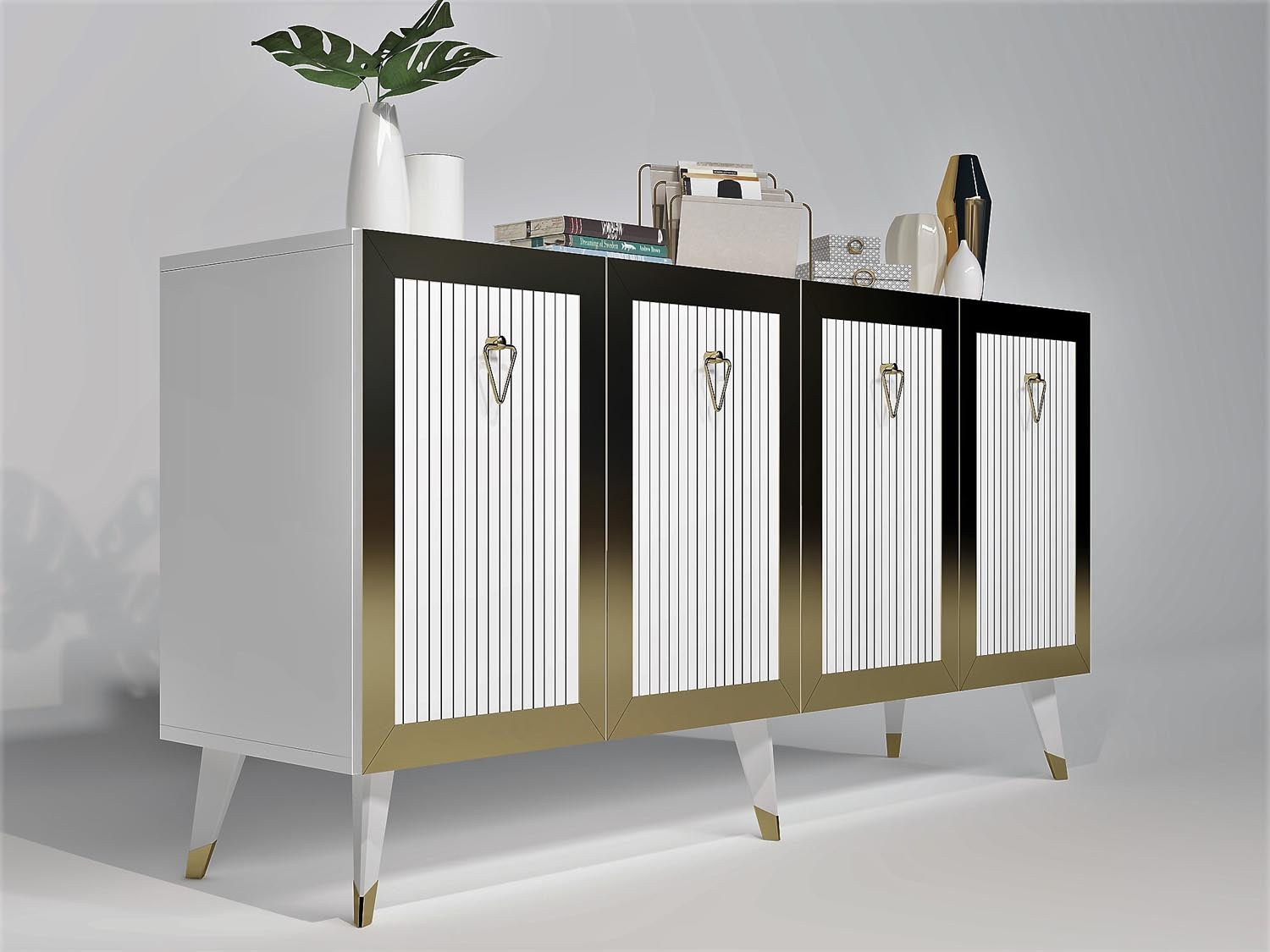 Entdecken Sie das Bare High-Sideboard von Hanah Home – ein elegantes Möbelstück in Weiß und Gold, das Stil und Funktionalität vereint.