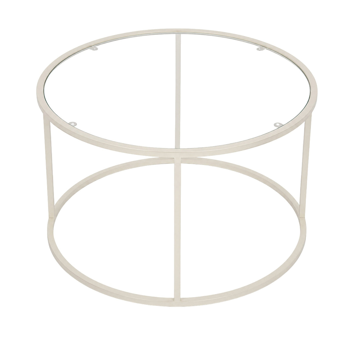 Quadratischer Couchtisch in Beige von Hanah Home mit Tischplatte aus 4 mm gehärtetem Glas und Metallgestell, 80x80x43 cm.