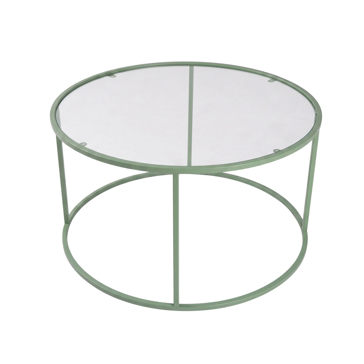 Quadratischer Couchtisch mit mintfarbenem Metallgestell und transparenter Glasplatte aus gehärtetem Glas, Masse 80x80x43 cm.