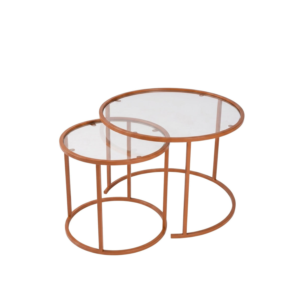 Zwei runde Couchtische in Orange mit gehärteter Glasplatte und Metallgestell, in zwei unterschiedlichen Grössen, moderner Stil.