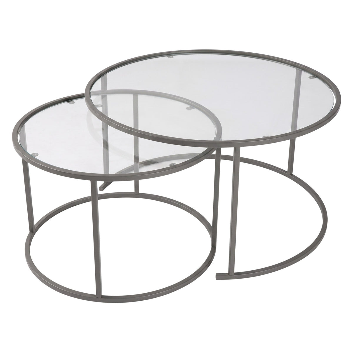 Couchtisch-Set in Grau von Hanah Home, zwei Tische aus gehärtetem Glas mit Metallgestell, unterschiedliche Grössen im Set kombiniert.