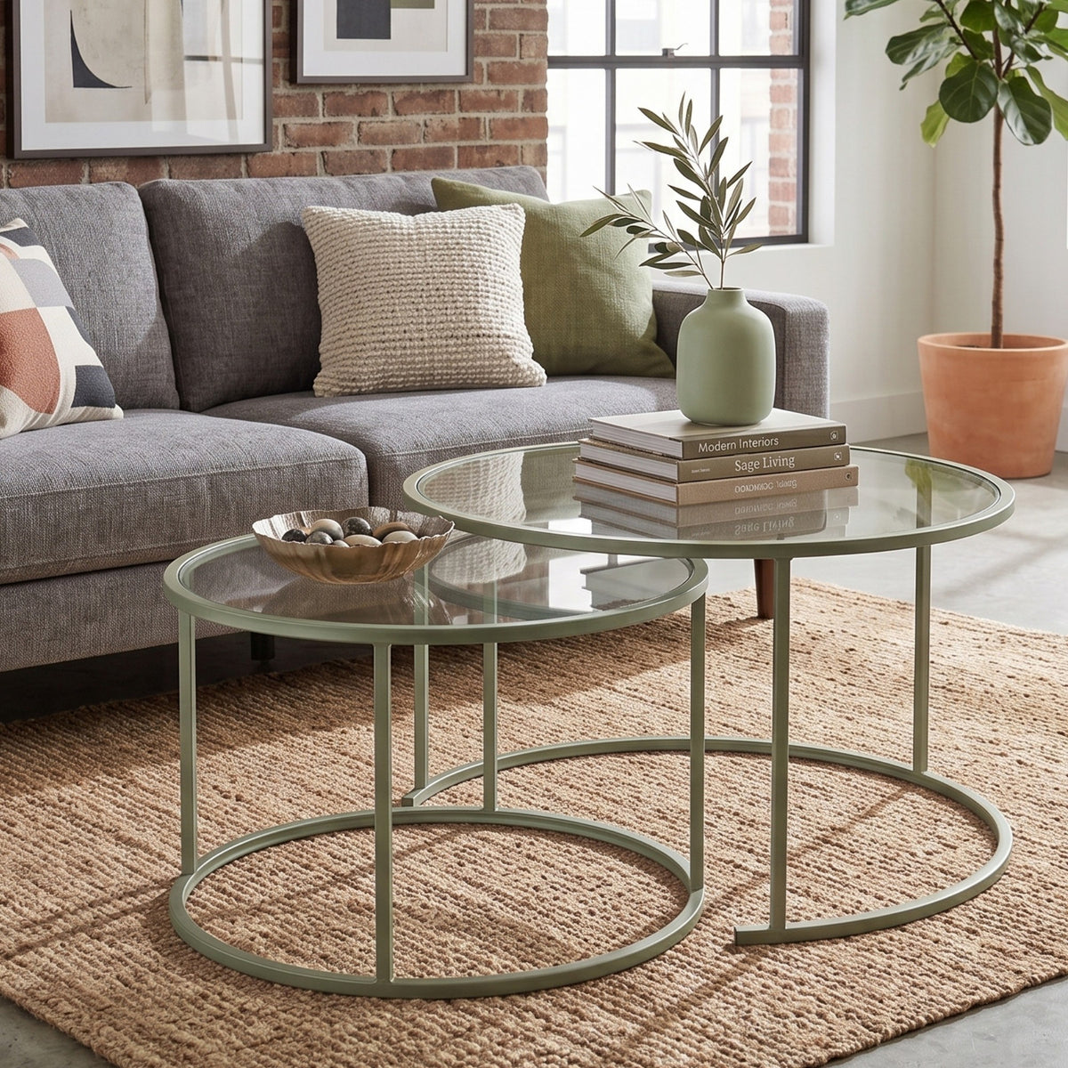 Zwei quadratische Couchtische in Mint aus gehärtetem Glas mit schlankem Metallgestell, unterschiedliche Grössen, nebeneinander im Wohnbereich.