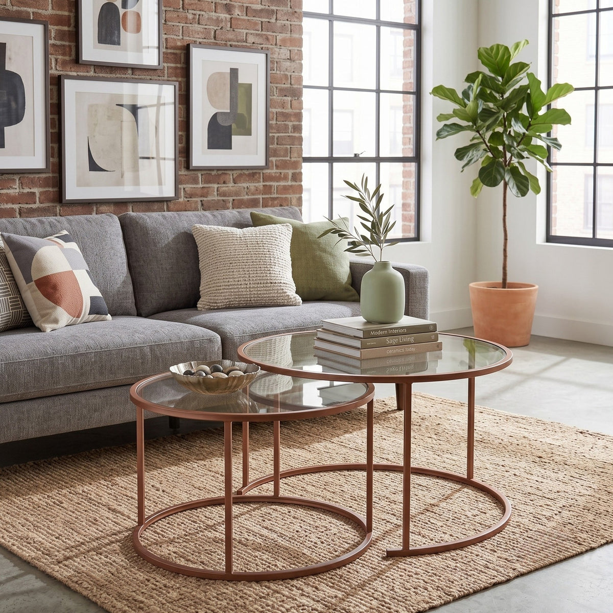Zwei orangefarbene Couchtische von Hanah Home mit Platten aus gehärtetem Glas und schlankem Metallgestell, unterschiedlich gross, freigestellt.