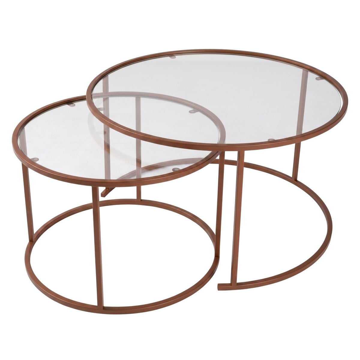 Zwei orangefarbene Couchtische von Hanah Home mit Platten aus gehärtetem Glas und schlankem Metallgestell, unterschiedlich gross, freigestellt.