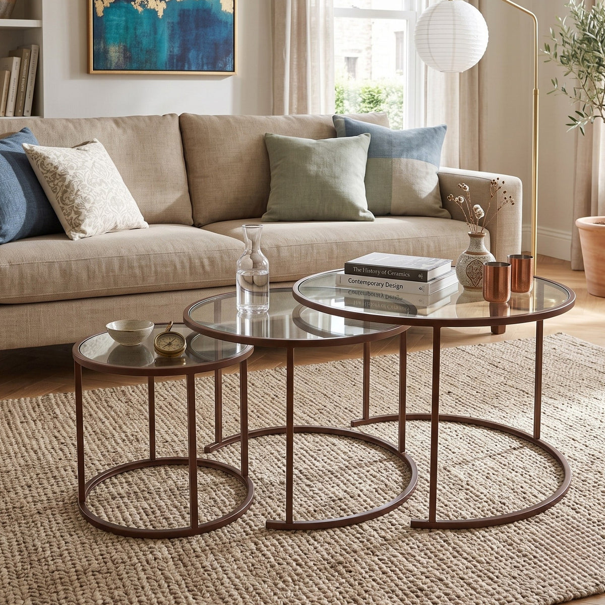 Dreiteiliges Couchtisch-Set von Hanah Home in Braun mit Glasplatten und Metallgestell, drei unterschiedlich grosse Tische ineinander gestellt.