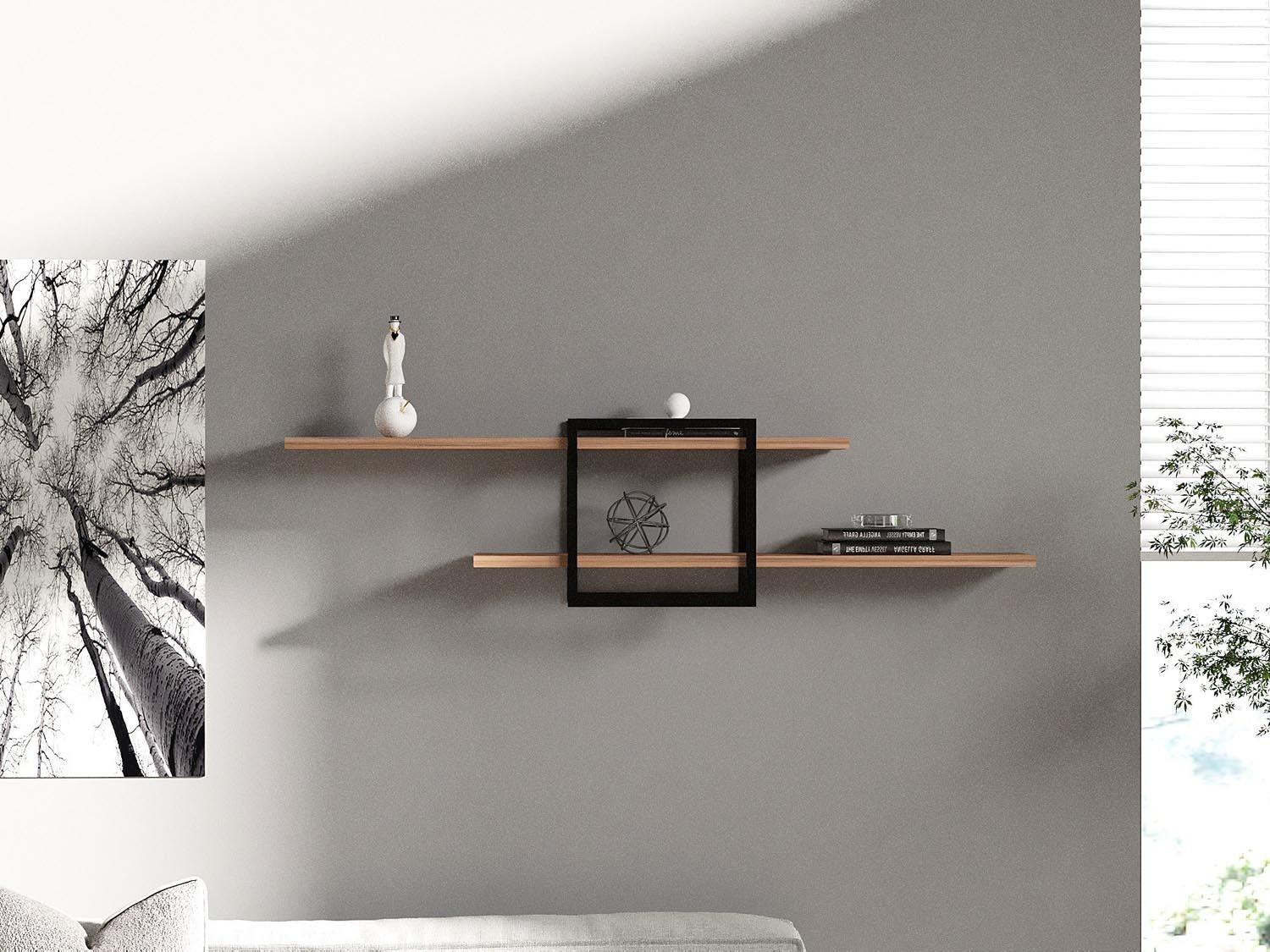 Verleihen Sie Ihrem Zuhause mit dem Mone Wandregal von Hanah Home in Atlantischer Kiefer einen modernen Touch. Ideal für kreative Akzente!