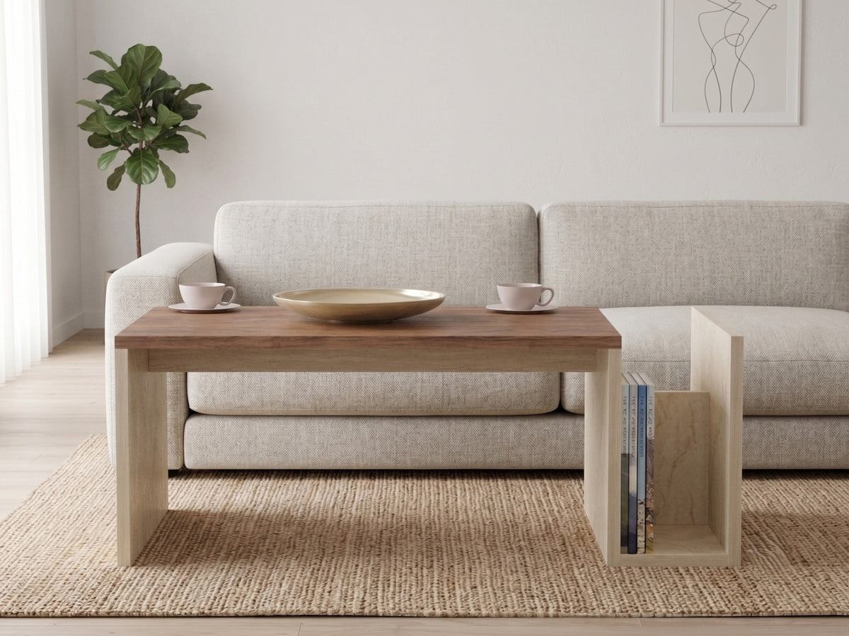 Memo Couchtisch von Hanah Home aus melaminbeschichteter Spanplatte in Travertin und Venezia-Walnuss, rechteckige Form mit schlankem Profil.