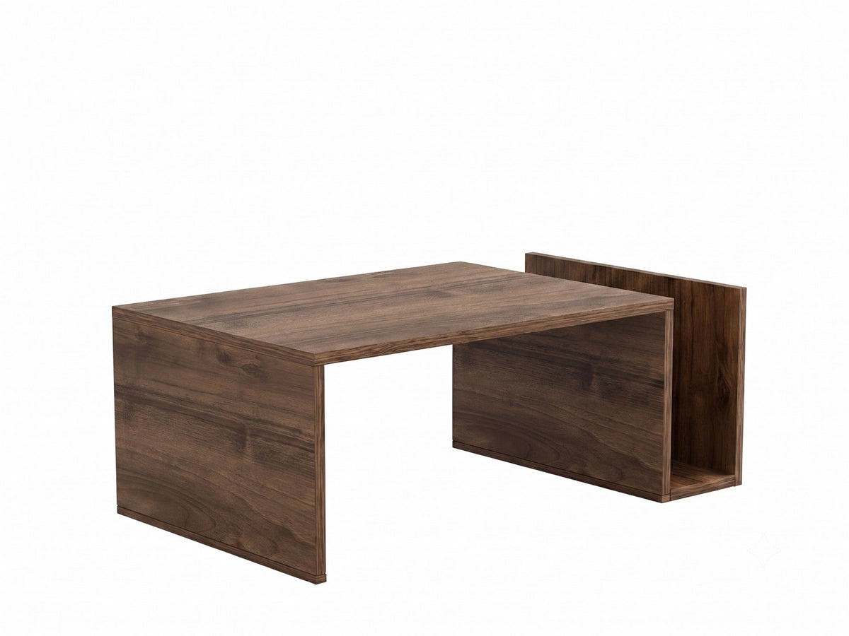 Rechteckiger Couchtisch Memo von Hanah Home in Venezia Nussbaum, Oberfläche aus Melaminspanplatte, schlankes flaches Tischdesign.