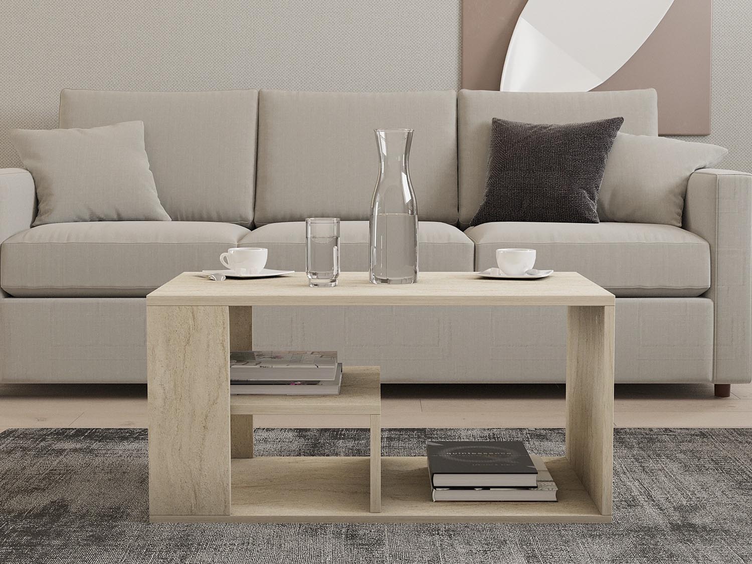 Verleihen Sie Ihrem Wohnraum mit dem Eros Travertin Couchtisch von Hanah Home Eleganz und Funktionalität. Ideal für jeden Einrichtungsstil!