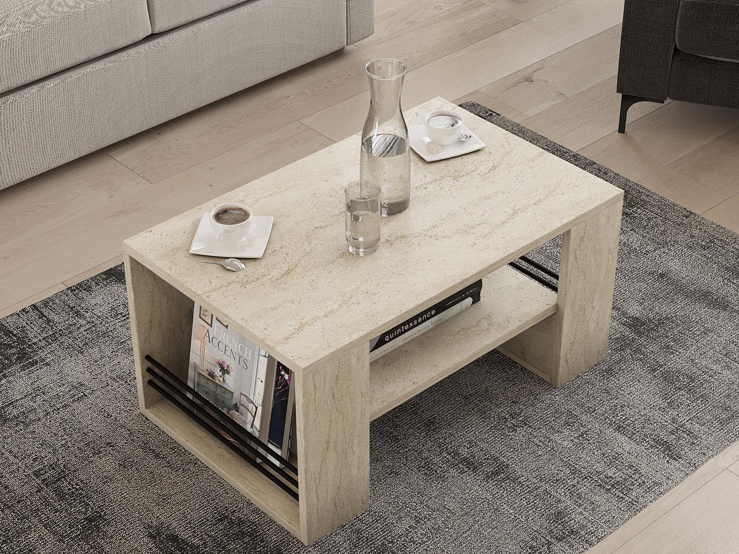Eleganter Iris Sofatisch aus Travertin von Hanah Home. Ideal für stilvolle Wohnzimmer, vereint Funktionalität und modernes Design.