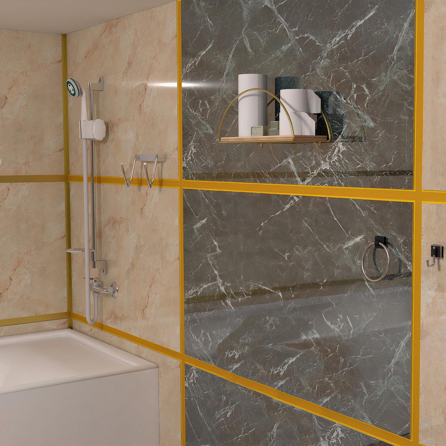 Gestalten Sie Ihr Zuhause mit dem eleganten Wandregal von Hanah Home in Gold und Braun. Aus hochwertigem Massivholz gefertigt, vereint es Stil und Funktionalität.