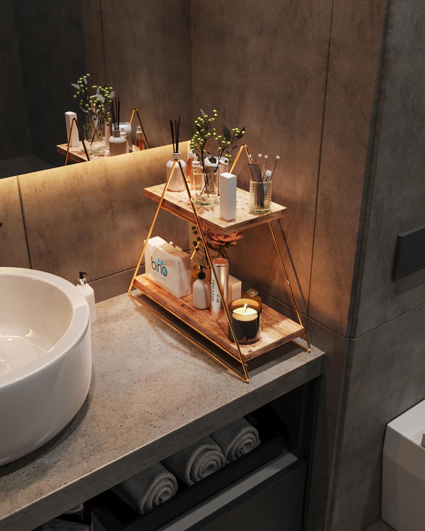 Entdecken Sie das elegante Wandregal aus Massivholz in Gold und Braun von Hanah Home. Perfekt für stilvolle Aufbewahrung und kreative Raumgestaltung.